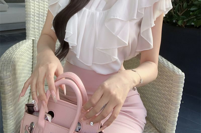 Sleeve / Maxi High Cap Blouse Neck Rise Skirt Plain Ruffle Mock Bow Panel Fishtail