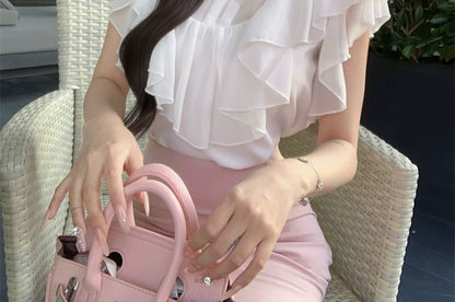 Sleeve / Maxi High Cap Blouse Neck Rise Skirt Plain Ruffle Mock Bow Panel Fishtail