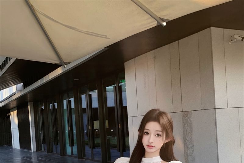 Sleeve / Maxi High Cap Blouse Neck Rise Skirt Plain Ruffle Mock Bow Panel Fishtail