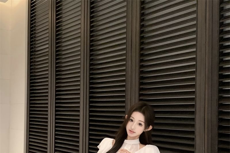 Sleeve / Maxi High Cap Blouse Neck Rise Skirt Plain Ruffle Mock Bow Panel Fishtail