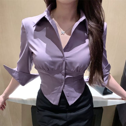 Shirt 3/4 Sleeve Plain Collared