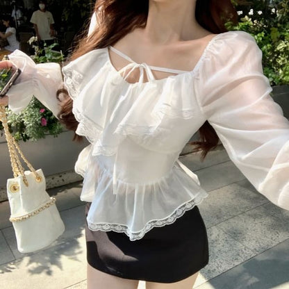 Plain Pencil Front Trim Lace Long Skirt Blouse Ruffle V-Neck Tie Sleeve Mini /