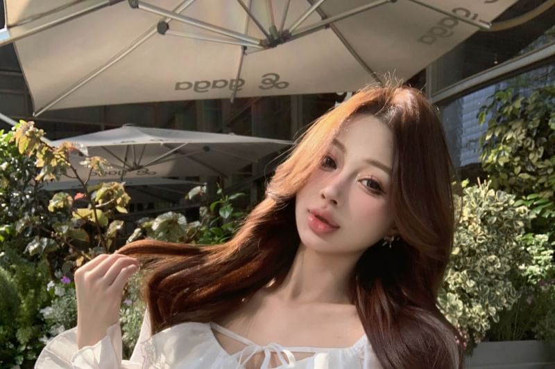 Plain Pencil Front Trim Lace Long Skirt Blouse Ruffle V-Neck Tie Sleeve Mini /