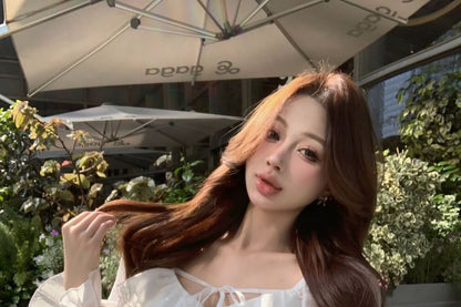 Plain Pencil Front Trim Lace Long Skirt Blouse Ruffle V-Neck Tie Sleeve Mini /