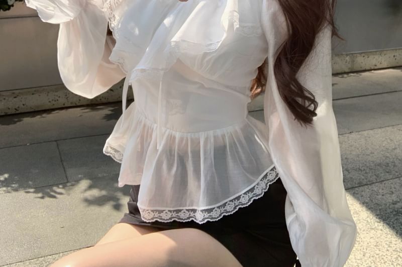 Plain Pencil Front Trim Lace Long Skirt Blouse Ruffle V-Neck Tie Sleeve Mini /