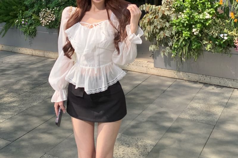 Plain Pencil Front Trim Lace Long Skirt Blouse Ruffle V-Neck Tie Sleeve Mini /