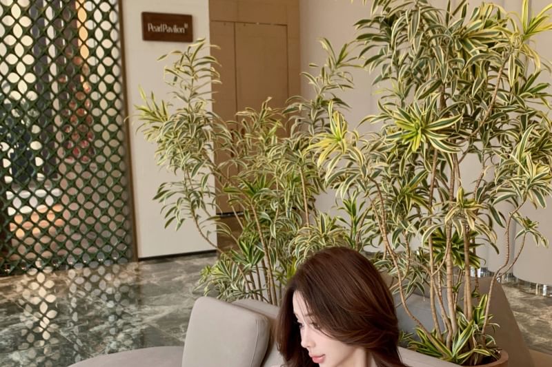 Plain Pencil Front Trim Lace Long Skirt Blouse Ruffle V-Neck Tie Sleeve Mini /