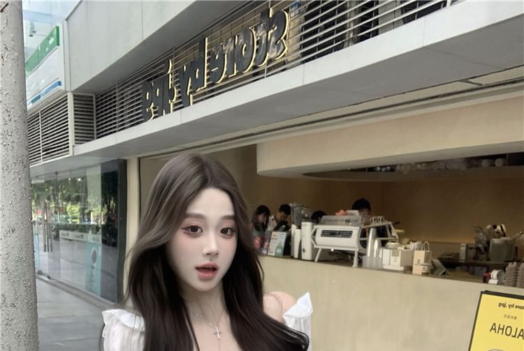 V-Neck Plain Ruffle Blouse Sleeve Bow Long