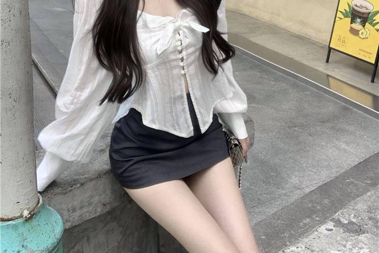 V-Neck Plain Ruffle Blouse Sleeve Bow Long