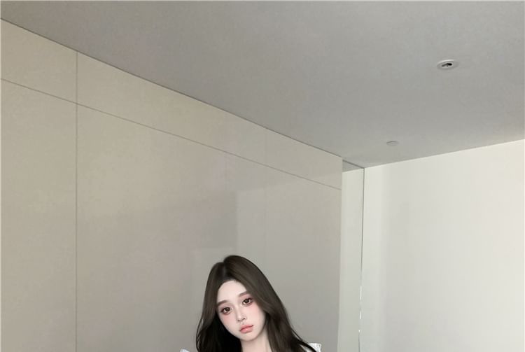 V-Neck Plain Ruffle Blouse Sleeve Bow Long