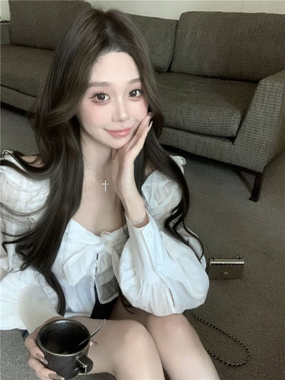 V-Neck Plain Ruffle Blouse Sleeve Bow Long