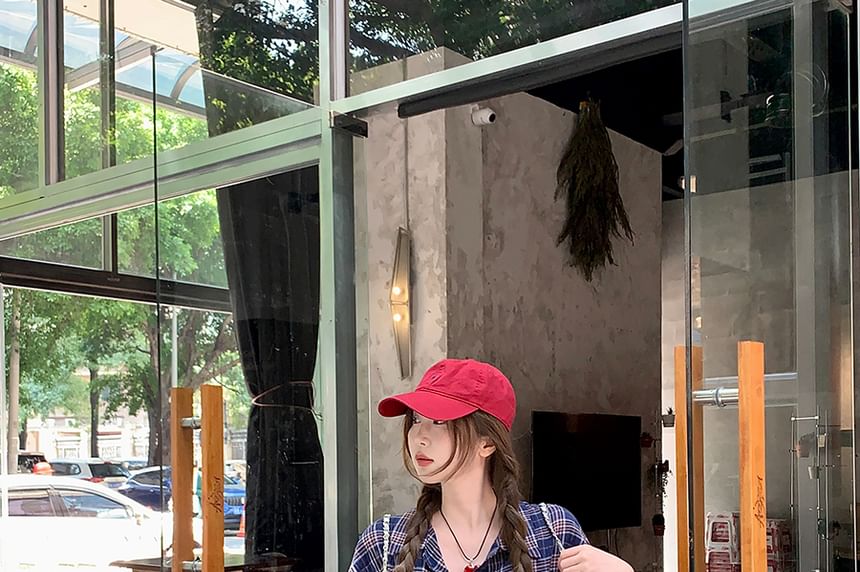 Long Shirt Tie-Up Sleeve Collared Plaid