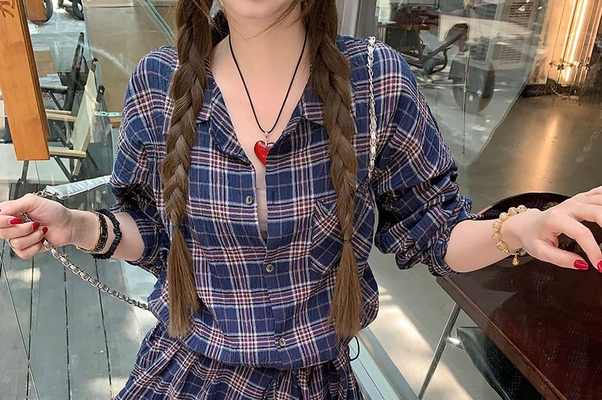 Long Shirt Tie-Up Sleeve Collared Plaid