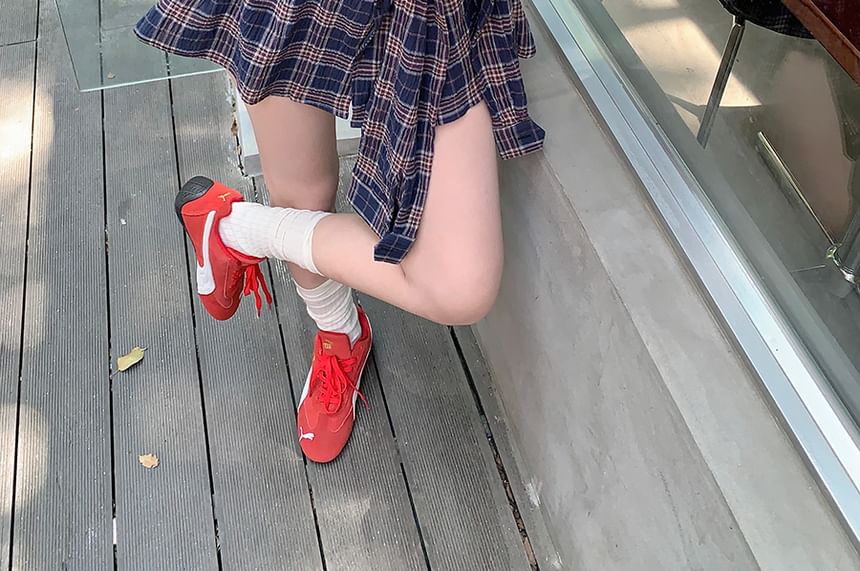 Long Shirt Tie-Up Sleeve Collared Plaid