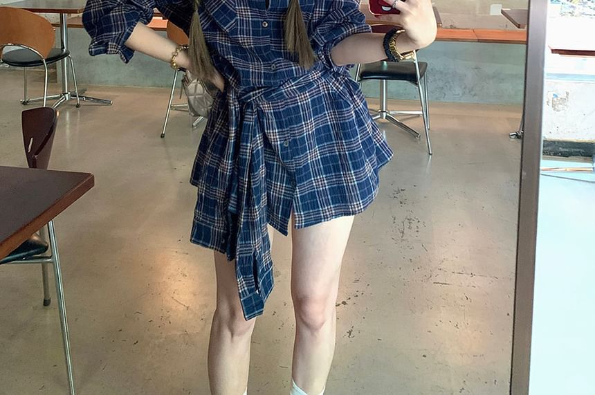 Long Shirt Tie-Up Sleeve Collared Plaid
