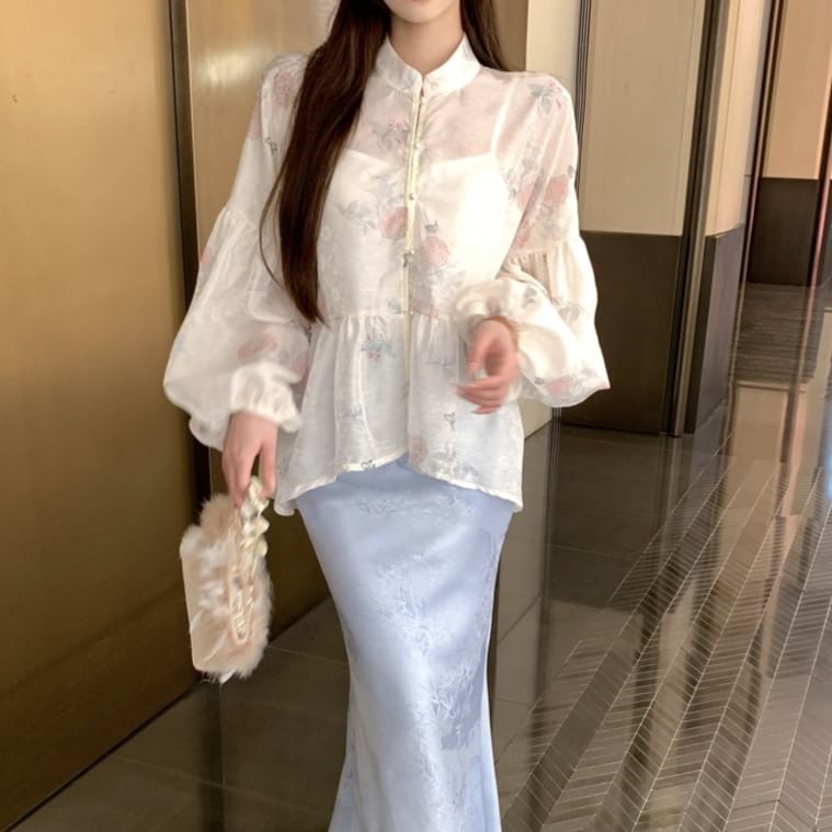 Print Fishtail Maxi Long Blouse Plain Jacquard Collar Waist Stand Peplum Set Sleeve / Floral Camisole Skirt High