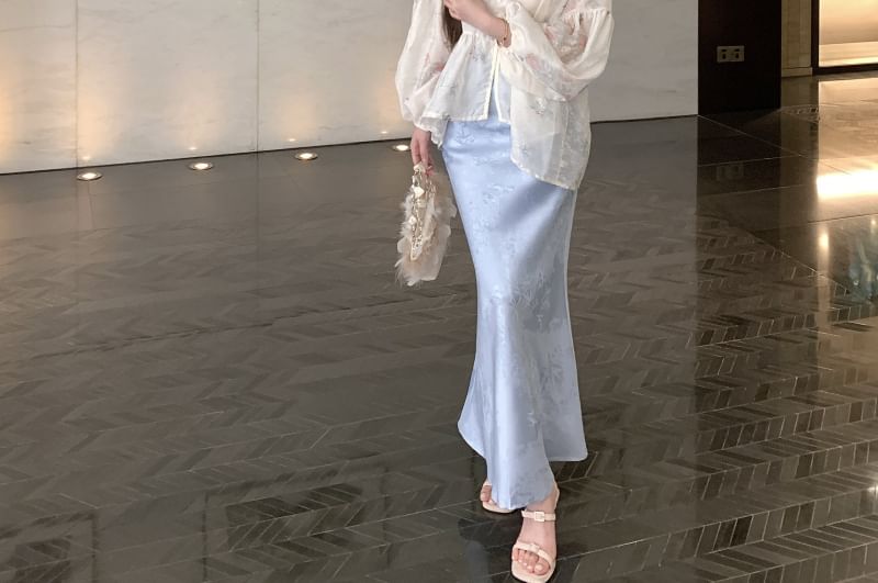 Print Fishtail Maxi Long Blouse Plain Jacquard Collar Waist Stand Peplum Set Sleeve / Floral Camisole Skirt High