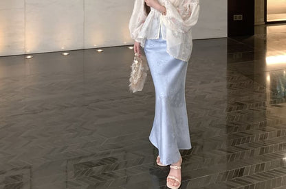 Print Fishtail Maxi Long Blouse Plain Jacquard Collar Waist Stand Peplum Set Sleeve / Floral Camisole Skirt High