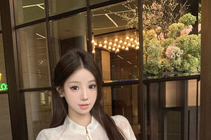 Print Fishtail Maxi Long Blouse Plain Jacquard Collar Waist Stand Peplum Set Sleeve / Floral Camisole Skirt High