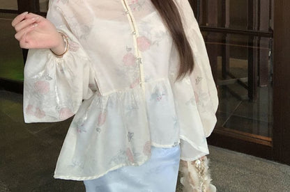 Print Fishtail Maxi Long Blouse Plain Jacquard Collar Waist Stand Peplum Set Sleeve / Floral Camisole Skirt High