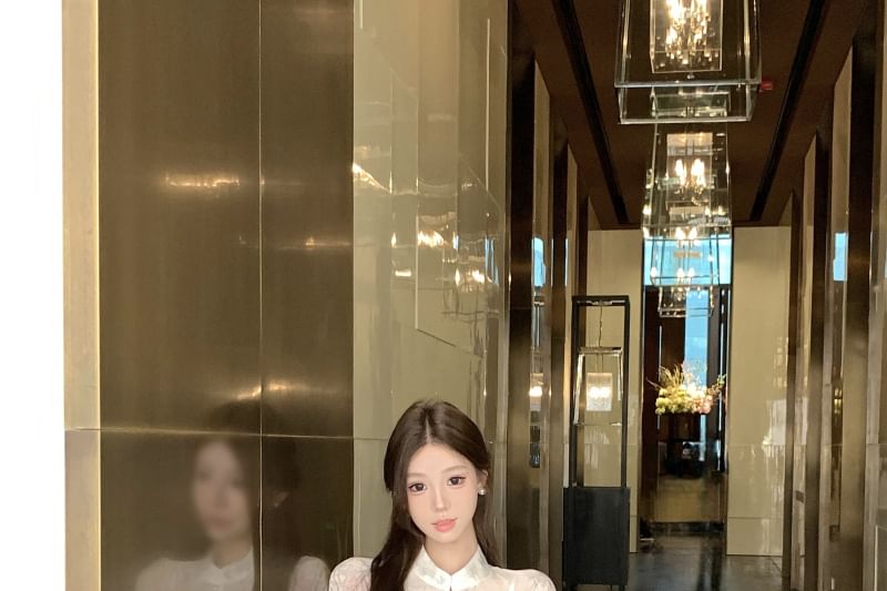 Print Fishtail Maxi Long Blouse Plain Jacquard Collar Waist Stand Peplum Set Sleeve / Floral Camisole Skirt High