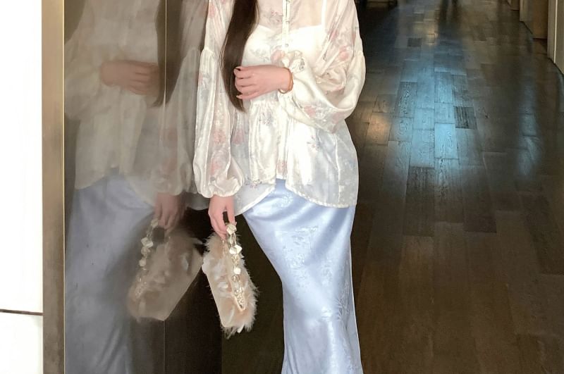 Print Fishtail Maxi Long Blouse Plain Jacquard Collar Waist Stand Peplum Set Sleeve / Floral Camisole Skirt High