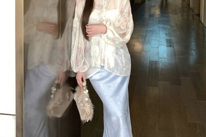 Print Fishtail Maxi Long Blouse Plain Jacquard Collar Waist Stand Peplum Set Sleeve / Floral Camisole Skirt High