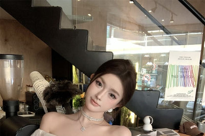 Off Shoulder Plain Blouse Ruffle Sleeve Short