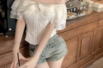 Off Shoulder Plain Blouse Ruffle Sleeve Short