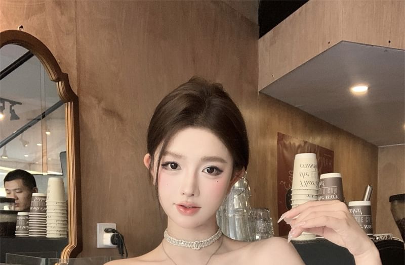 Off Shoulder Plain Blouse Ruffle Sleeve Short