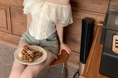 Off Shoulder Plain Blouse Ruffle Sleeve Short