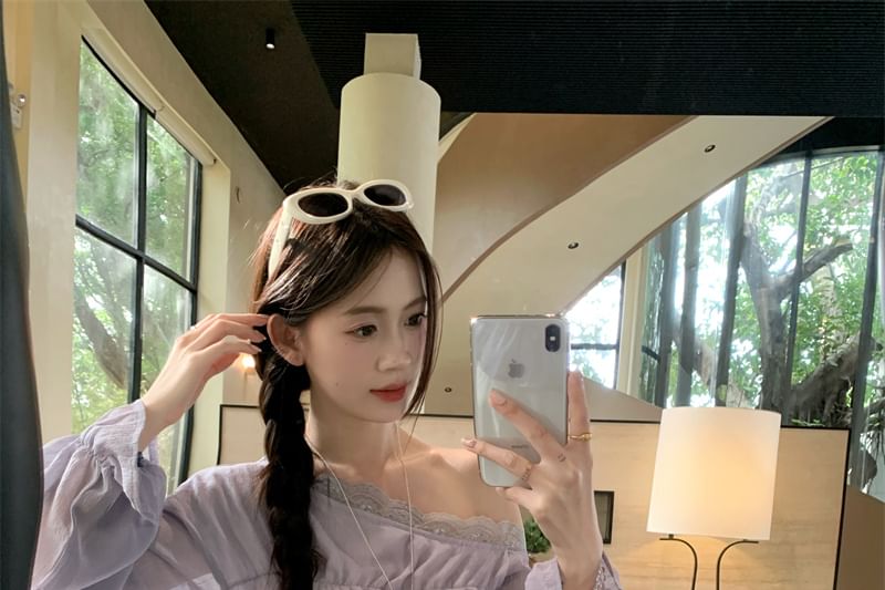 Plain Sleeve Panel Long Trim One Blouse Lace Shoulder