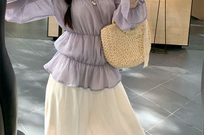 Plain Sleeve Panel Long Trim One Blouse Lace Shoulder