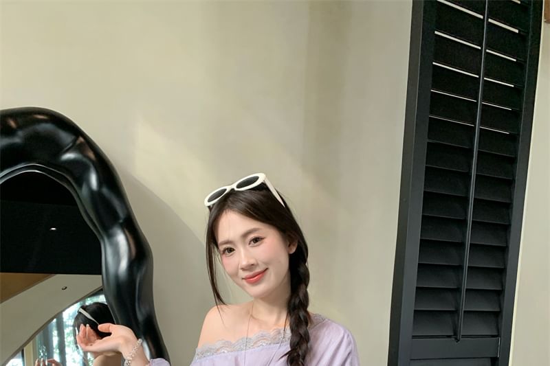 Plain Sleeve Panel Long Trim One Blouse Lace Shoulder