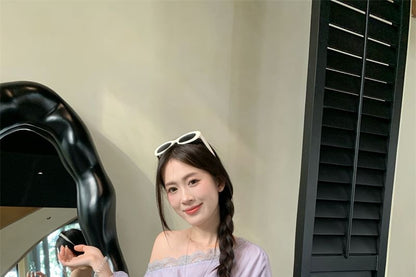 Plain Sleeve Panel Long Trim One Blouse Lace Shoulder