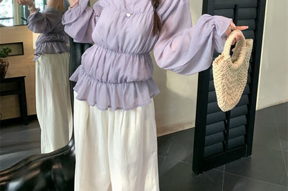 Plain Sleeve Panel Long Trim One Blouse Lace Shoulder