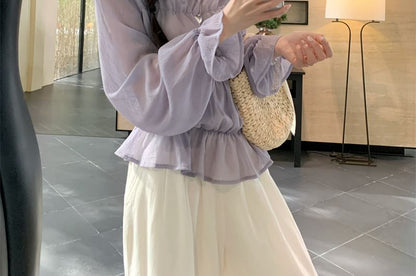 Plain Sleeve Panel Long Trim One Blouse Lace Shoulder