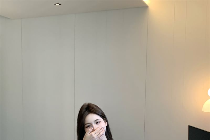 Lace Long Off Plain Tie Satin Waist V-Neck Shorts Cami Front High Shoulder Top / Sleeve