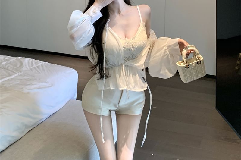 Lace Long Off Plain Tie Satin Waist V-Neck Shorts Cami Front High Shoulder Top / Sleeve