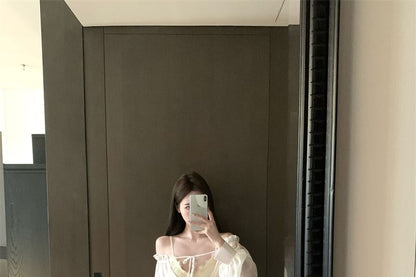 Lace Long Off Plain Tie Satin Waist V-Neck Shorts Cami Front High Shoulder Top / Sleeve