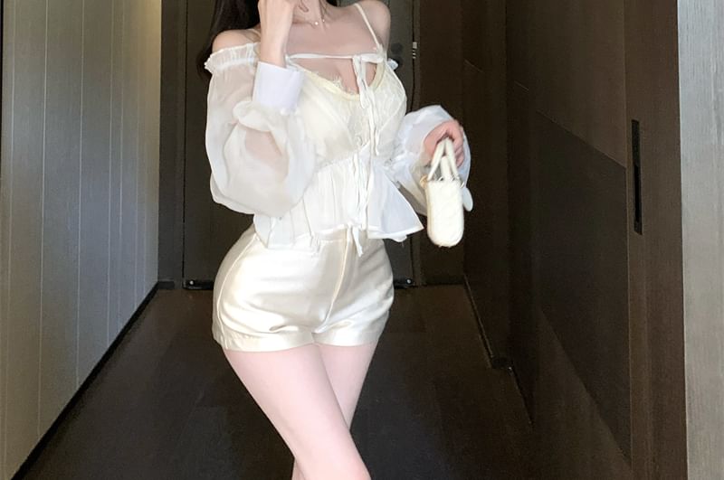 Lace Long Off Plain Tie Satin Waist V-Neck Shorts Cami Front High Shoulder Top / Sleeve