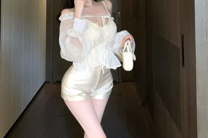 Lace Long Off Plain Tie Satin Waist V-Neck Shorts Cami Front High Shoulder Top / Sleeve