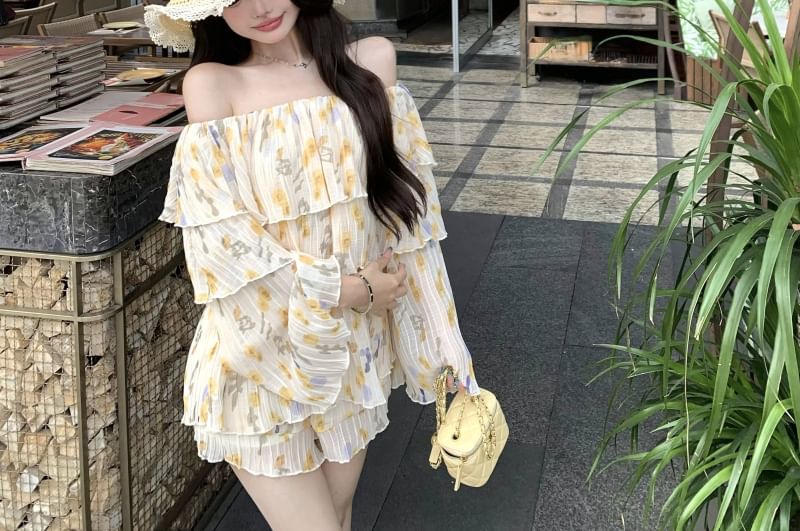 Floral / Sleeve Long Ruffle Print Shoulder Blouse Waist Shorts Off High