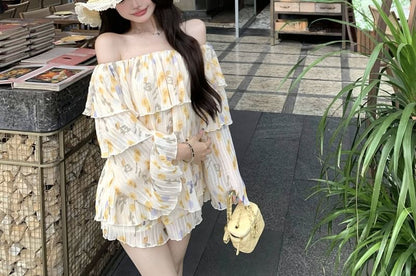 Floral / Sleeve Long Ruffle Print Shoulder Blouse Waist Shorts Off High