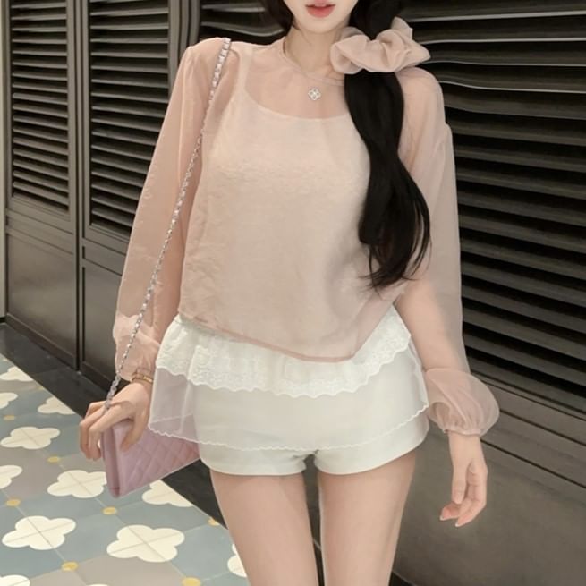 Plain Sheer Set: Blouse Crew Neck Top + Cami Sleeve Long