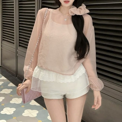 Plain Sheer Set: Blouse Crew Neck Top + Cami Sleeve Long