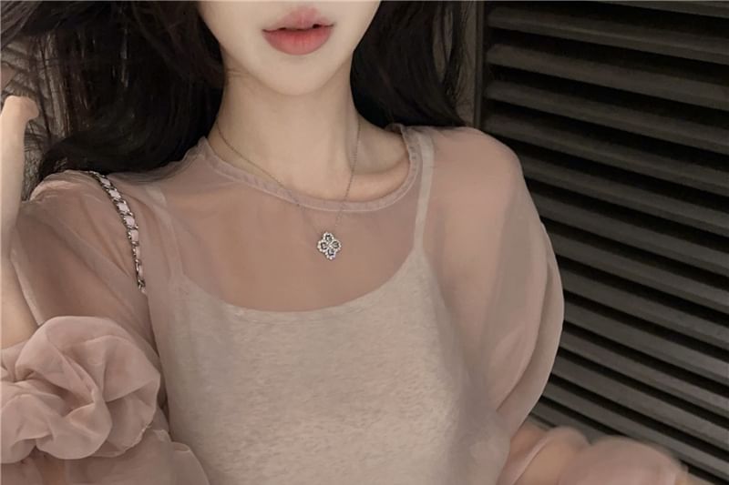 Plain Sheer Set: Blouse Crew Neck Top + Cami Sleeve Long