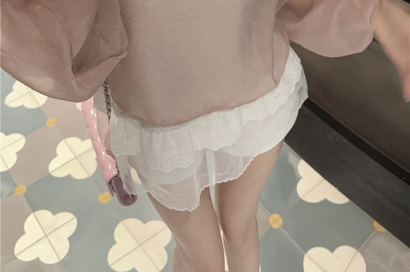 Plain Sheer Set: Blouse Crew Neck Top + Cami Sleeve Long