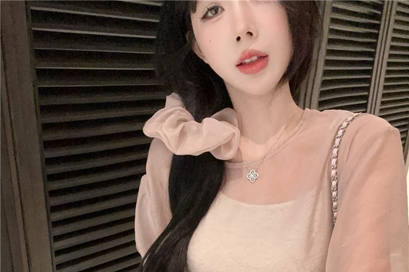 Plain Sheer Set: Blouse Crew Neck Top + Cami Sleeve Long