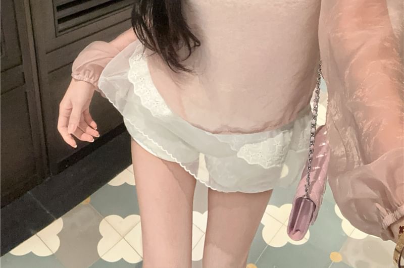 Plain Sheer Set: Blouse Crew Neck Top + Cami Sleeve Long